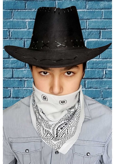 Uniquetrenders Çocuk Unisex Bandanalı Nubuk Kovboy Şapkası 8-14 Yaş Siyah 1