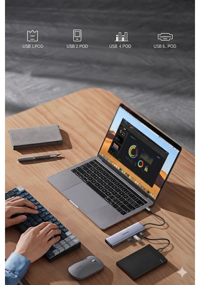 9 U 1 Arada Usb-c Hub 4k 60hz Hdmı Vga 3x Usb 3.0 Rj45 Sd Tf Kart Okuyucu 100w Pd