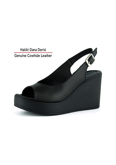 Erkan Saçmacı Mathilda Siyah Hakiki Dana Derisi Dolgu Topuklu Slingback Sandalet