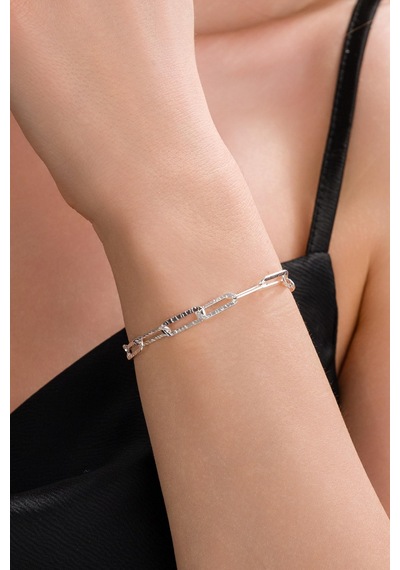 Gümüş Çizgi Çizik İşlemeli Ataç Sade Zincir Hallow Taşsız Bileklik Rose Gold