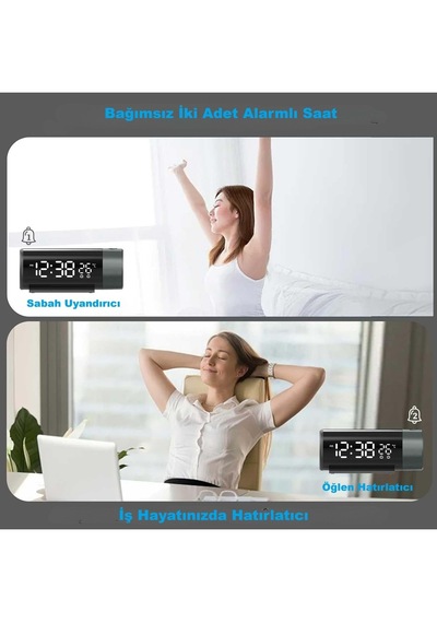 Modern Projeksiyonlu Silindir Led Çalar Saat Dijital Ekran, Usb, Sıcaklık & Çift Alarm Siyah