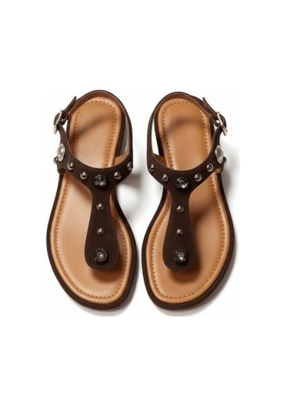 Ne&ve Shoes Kahve Süet Hakiki Deri Taş Ve Trok Detaylı Parmak Arası Arkadan Tokalı Sandalet Kahverengi