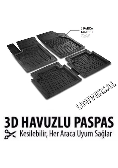 Üniversal 3d Paspas Takımı Havuzlu Her Araca Uyumlu 5 Parça Tam Set Kaymaz Taban Kesilebilir Pars Siyah 1 Adet
