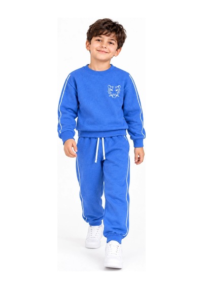 Rony Pony Kids 3 İplik Şardonlu Kaplan Figürlü Beyaz Biyeli Mavi Erkek Çocuk Eşofman Takımı