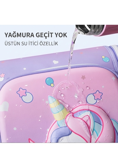 Unicorn 3D Desenli Kız Çocuk Kreş ve Anaokulu Okul Çantası Mor Açık Pembe