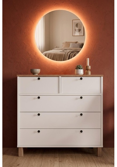 Robin Home Led Aynalı Şifonyer 5 Çekmece Ahşap Ayaklı Sepet-beyaz