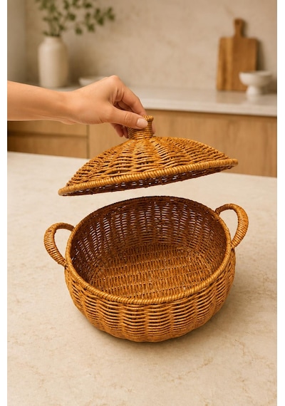 2 Li Kapaklı Rattan Servis Sepeti Seti Kulplu Tencere Ekmeklik Ve Dekoratif Sunum Sepeti Meyvelik