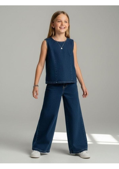 Zekids Kız Çocuk Yüksek Bel Geniş Paça Jean Pantolon-16967 Lacivert