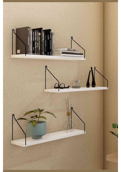 Duvar Rafı Kitaplık Mutfak Banyo Yaşam Alanı 3'lü Set 15x55 Cm Beyaz
