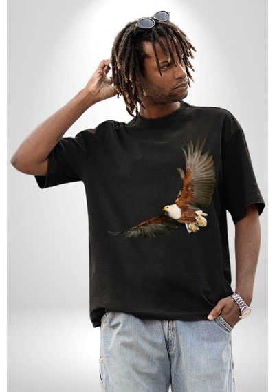 Kartal Özgürlük Pamuklu Bisiklet Yaka Unisex Oversize Boyfriend Dijital Baskılı Siyah T-shirt Siyah
