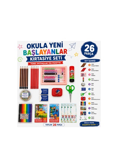 26 Parça Okula Yeni Başlayanlar Kırtasiye Seti Boyama, Kalem, Abaküs, Makas, Etiket Ve Okul Gereçleri - 904616253