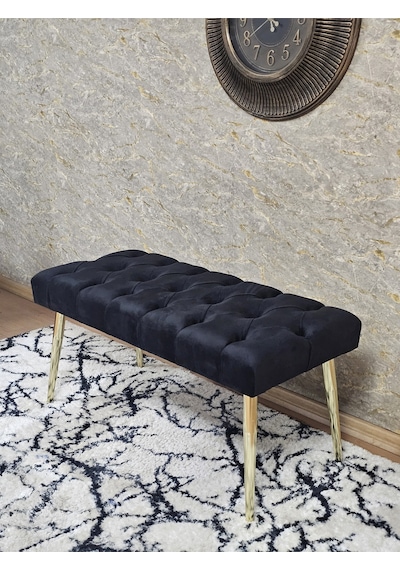Zafir Gold Kaplama Sivriltme Ayaklı 90 Cm Puf Bench - Puf - Bench - Kasalı Oturak - Oturak - Yatak Ucu Puf Siyah