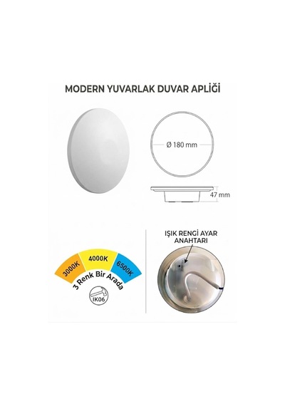 12w Led Duvar Apliği Beyaz Kasa, 3 Renk Seçenekli Butonlu 6500k-4000k-3000k - 937781154 Diğer