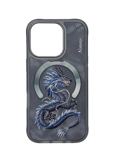 Nımmy İphone 15 Pro Max Uyumlu Magsafe Destekli 3d Gerçek Nakış İşlemeli Mavi Dragon Kılıf