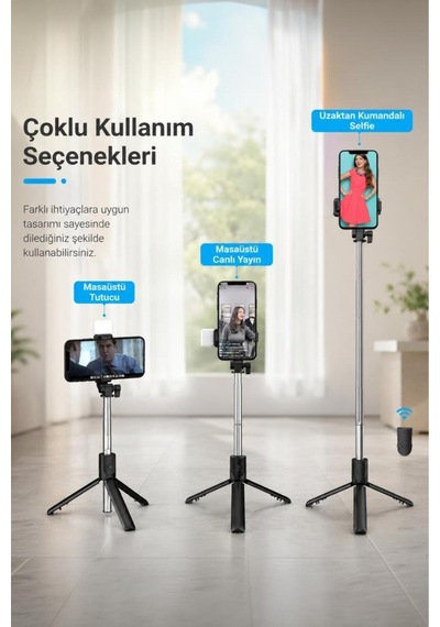 Tripod Çok Amaçlı Kumandalı Kablosuz Selfie Çubuğu Siyah