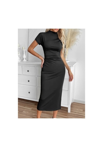 Butik İstanbul Kadın Yarı Balıkçı Yaka Yırtmaçlı Dalgıç Midi Elbise Siyah