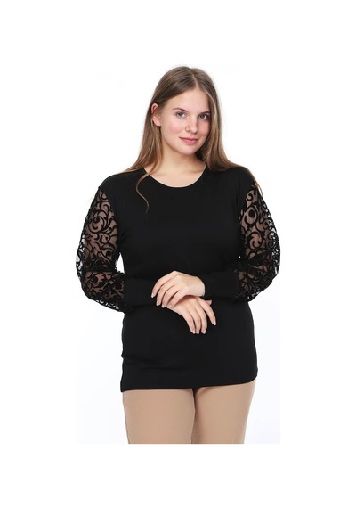 Flok Kol Büyük Beden Bluz 18A-0848 Siyah