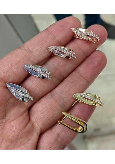 Yaprak Modeli Taşlı Şık Gümüş Küpe Pembe Altın