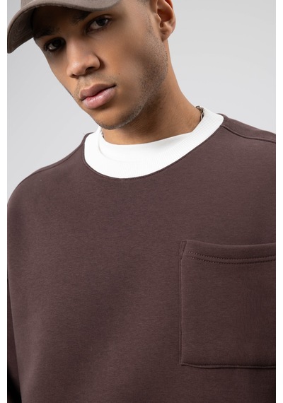 Vamos Bisiklet Yaka Cep Detaylı Oversize Sweatshirt Kahve