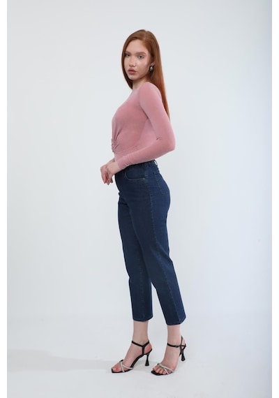 Blue White Kadın Beli Lastikli Likralı Esnek Jean Pantolon Koyu Mavi 34
