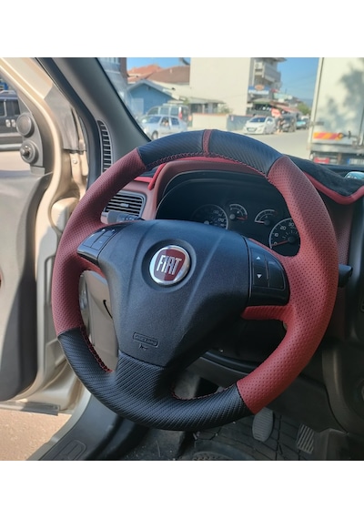 Fiat Line Tuşlu Direksiyonlara Uyumlu Araca Özgü Dikmeli Direksiyon Kılıfı Kırmızı Karbon 2945460