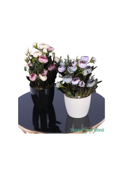 Yapay Çiçek Sitesi Plastik Saksıda Yapay Tomurcuklu Ranunkulus Tanzimi 2'li Set 30 Cm Pembe Krem - Lila