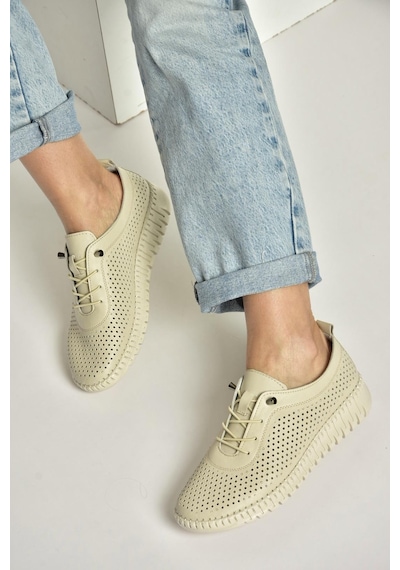 Fox Shoes Y555705103 Bej Hakiki Deri Comfort Ortopedik Taban Kadın Ayakkabı Bej