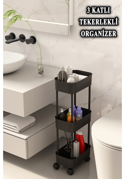 Lizbon Çok Amaçlı 3 Katlı Evye Altı Düzenleyici Dolap Içi Tezgah Altı Tekerlekli Organizer Siyah