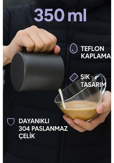 304 Çelik 350 Ml Siyah Teflon Kaplama Kahve Süt Köpürtme Potu Sütlük Pitcher