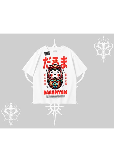 Tarzsokak Oversize Tshirt Daruma Kedi Anime Baskılı Beyaz