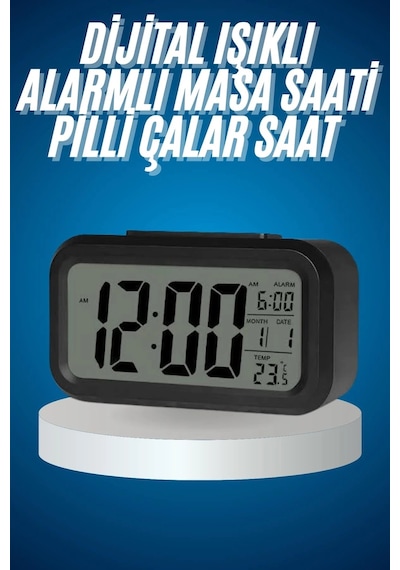 Işıklı Dereceli Masa Ofis Saati Alarmlı Termometre Takvim Çalar Saat Kırmızı
