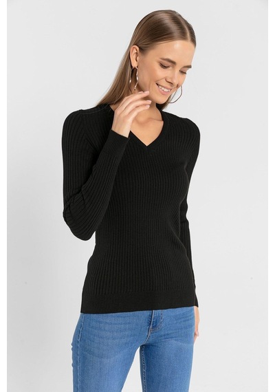 Miss Poem Kadın V Yaka Slim Fit Fitilli Uzun Kışlık Ekru Triko Kazak Siyah