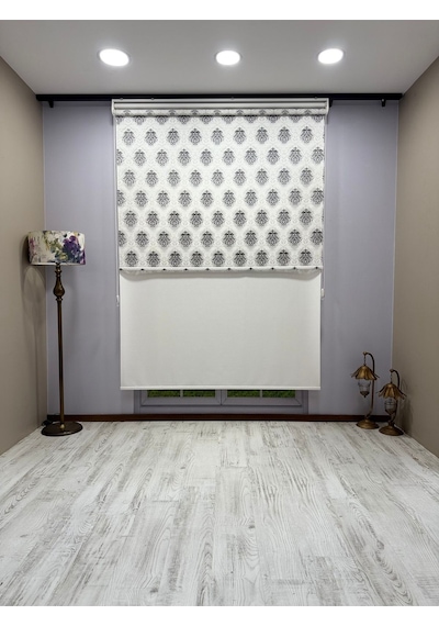 Gri Damask Desenli Çift Mekanizmalı Tül Ve Stor Perde - Simli Kumaş, Simli Stor Perde Gri