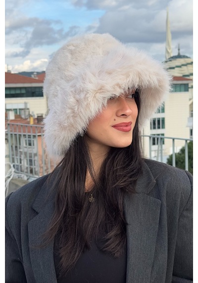 Mollycrush Suni Kürklü Peluş Bucket Kalpak Şapka Luxury Kadın Bej Rus Slav Tarzı Bej