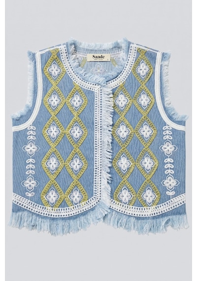 Saade Sââde Kadın Bisiklet Yaka Zincir Nakışlı & Saçaklı Denim Crop Yelek Mavi