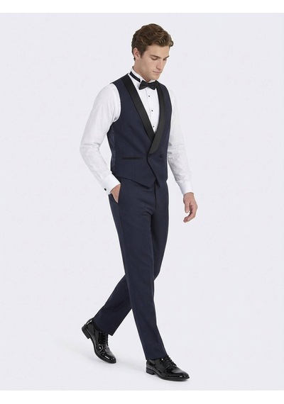 Saks Fitted Fit Şal Yaka Klasik Yelek Saks