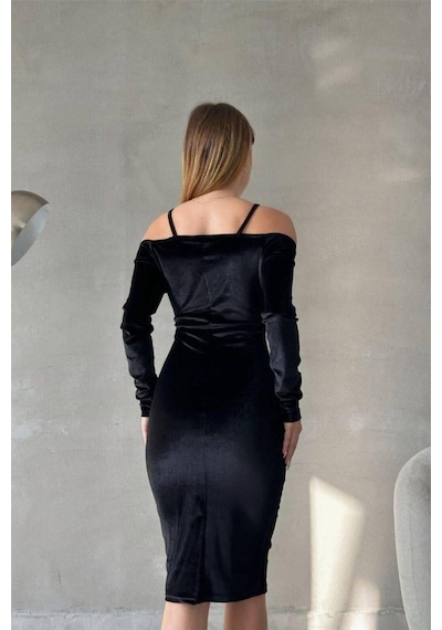DefyModa Kadın İnce Kalp Yaka Balık Kesim Uzun Kollu Abiye Elbise Siyah