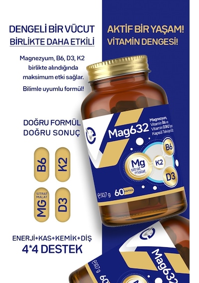 Evopharma Mag632 Magnezyum, Vitamin B6 Ve Vitamin D3k2 İçeren Takviye Edici Gıda