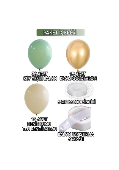 Beysüs 30 Küf Yeşili 15 Krom Gold 15 Deniz Kumu Pastel Ten Rengi Doğum Günü Ve Nişan Balon Zinciri Set
