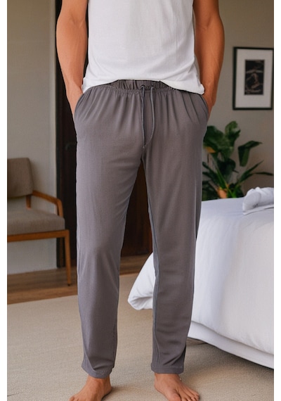 Elemge %100 Pamuk Süprem Erkek Pijama Altı Gri Cepli Rahat Kalıp Relax Fit Lastikli Ipli Terletmez Esnek