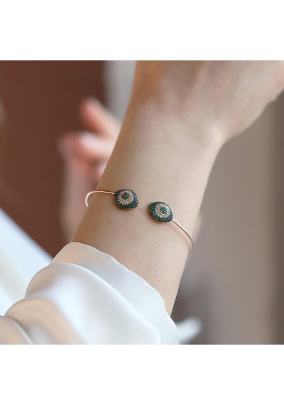 2'li Nazar Yeşil Taşlı Rose Gold Kaplama Gümüş Kelepçe Gümüş