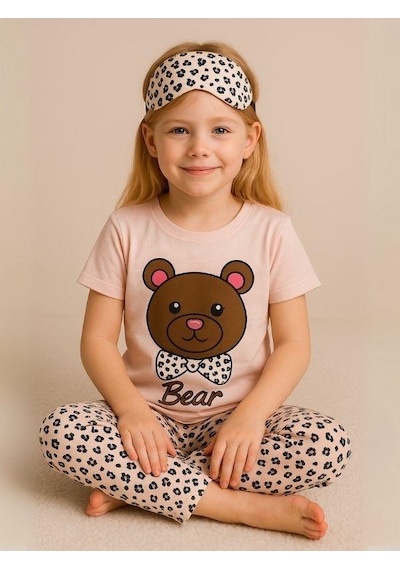 Kız Çocuk Pamuklu Kısa Kol Ayıcık Desenli Pijama Takımı Uyku Bandı Dahil -16055 Pembe