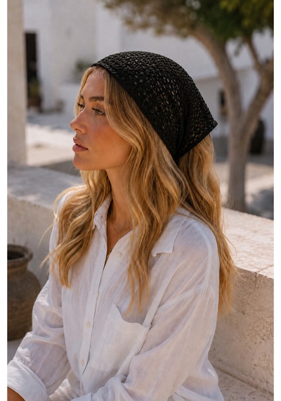 Siyah Fileli Örgü Bandana Kadın Bağlamalı Saç Bandı Hafif Esnek Günlük Bandana Siyah - 884327932 Siyah