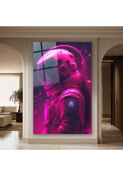 Pembe Neon Kasklı Astronot Çerçevesiz Cam Tablo