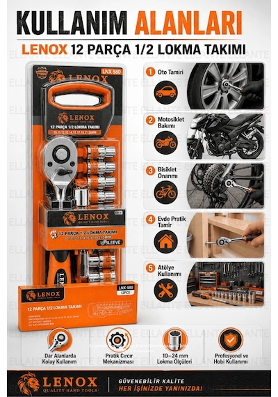 12 Parça 1/2" Lokma Takımı Cr-v Çelik Cırcırlı Kol Oto, Motosiklet Ve Ev Tamiri İçin Profesyonel