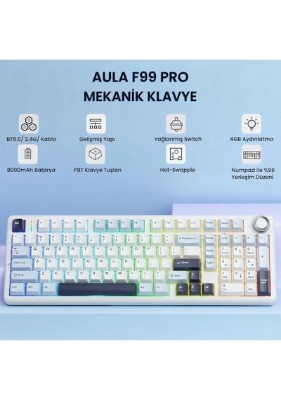 Aula F99 Pro 3 Modlu Rgb Hot Swap Mekanik Star Vector Switch Kablosuz Makrolu Klavye Lacivert