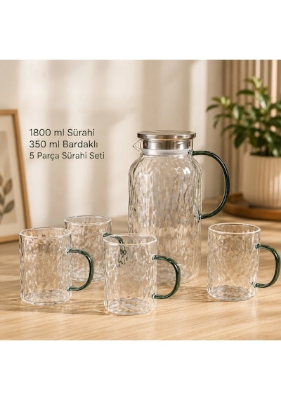 Özel Üretim Şık Yeşil Kulplu Lüks 5 Parça Bardaklı Sürahi Seti Cam 1800 Ml Sürahi 4 Bardak