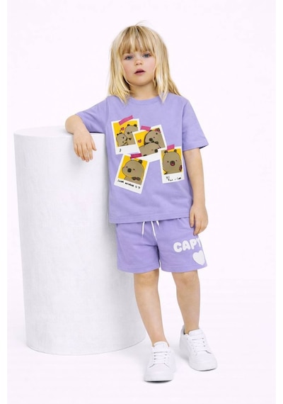 Miniko Kids Kız Çocuk Capybara Modelli Pamul Şortlu Takım Lila