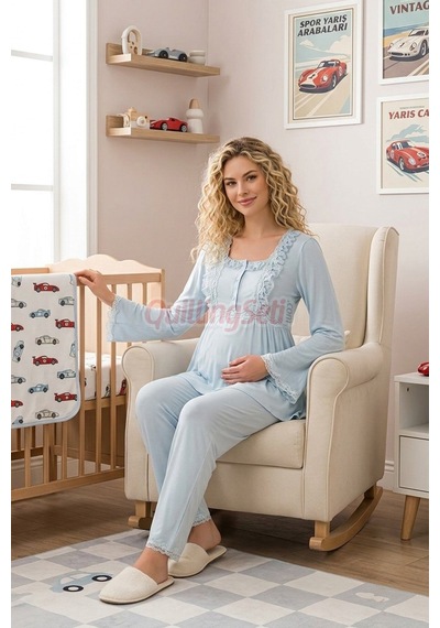 Lady Bebe Mavi Renkli, Dantel Detaylı, 33205 Uzun Kol, 2 Parça Lohusa Hamile Pijama Takımı Açık Mavi
