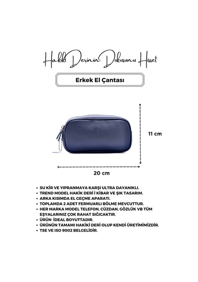 Empiero Lacivert Hakiki Deri Çift Fermuarlı El Çantası El Geçmeli Lacivert